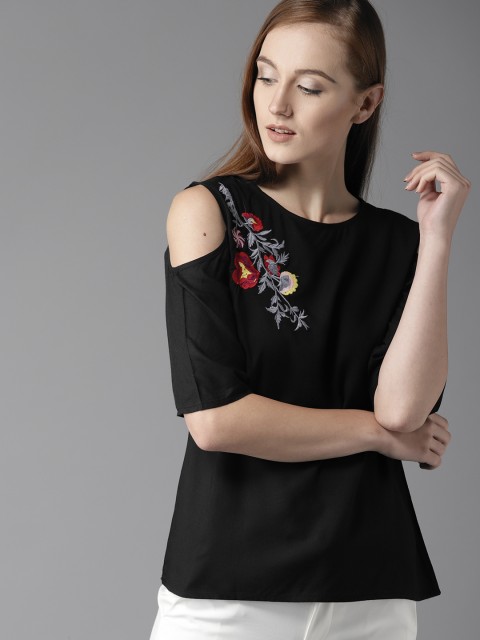

HERE&NOW Women Black Solid Cold-Shoulder Top