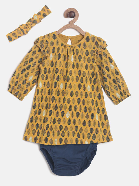 

MINI KLUB Girls Mustard Yellow Printed A-Line Dress with Bloomers & Headband