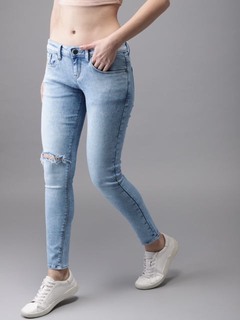

HERE&NOW Women Blue Skinny Fit Mid-Rise Slash Knee Stretchable Cropped Jeans