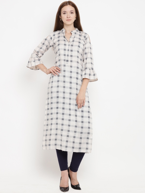 

Yuris Women Off-White & Grey Checked Straight Kurta