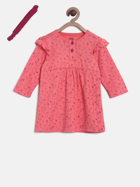 

MINI KLUB Girls Pink Printed Fit and Flare Dress with Headband