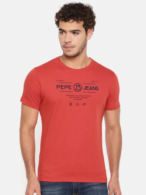 

Pepe Jeans Men Red Printed Round Neck Pure Cotton T-shirt