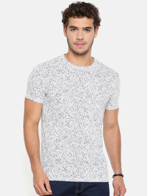 

Pepe Jeans Men Off-White Navy Printed Slim Fit Round Neck Pure Cotton T-shirt
