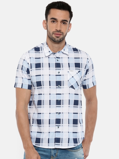 

Pepe Jeans Men Blue & White Regular Fit Checked Casual Shirt