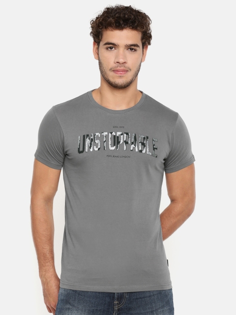 

Pepe Jeans Men Grey Printed Round Neck ACKER Pure Cotton T-shirt