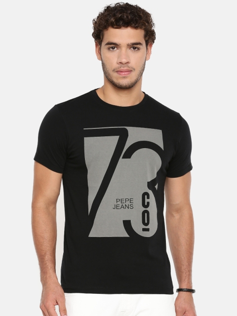 

Pepe Jeans Men Black Printed Slim Fit Round Neck Pure Cotton T-shirt