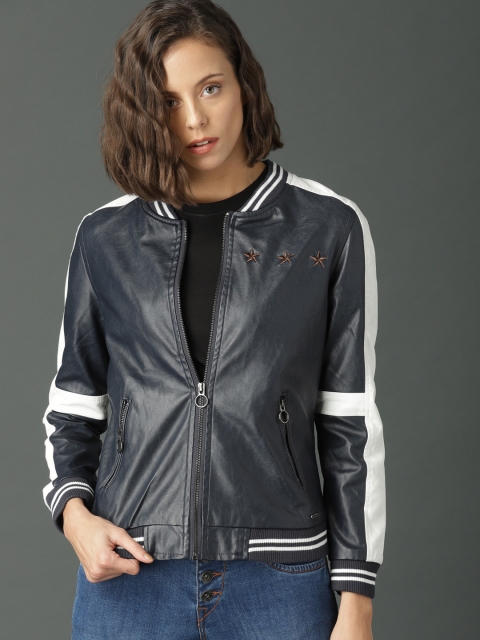 

Roadster Women Navy Blue & White Solid Bomber