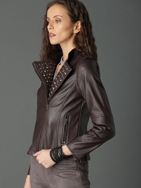 

Roadster Women Burgundy Solid Biker Jacket
