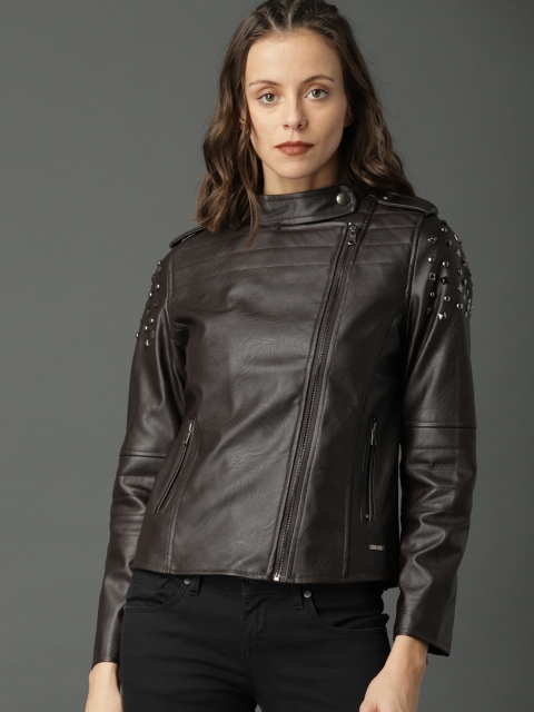 

Roadster Women Coffee Brown Solid Biker Jacket