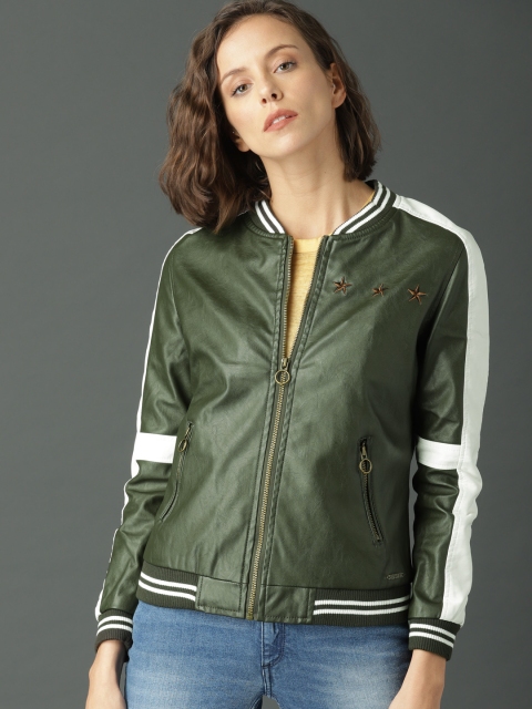 

Roadster Women Olive Green & White Solid Bomber