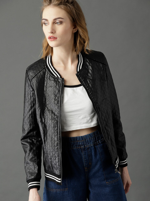 

Roadster Women Black Self Design Varsity Jacket