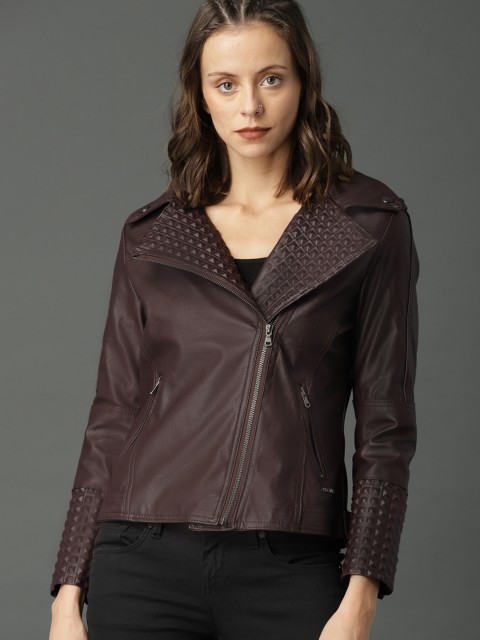 

Roadster Women Burgundy Solid Biker Jacket