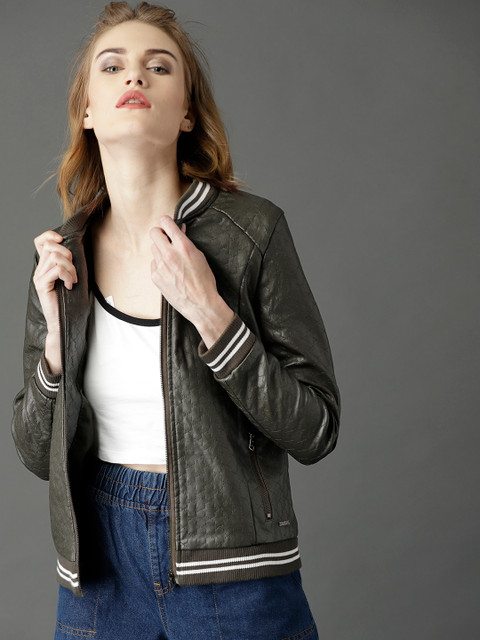 

Roadster Women Olive Green Self Design Varsity Jacket