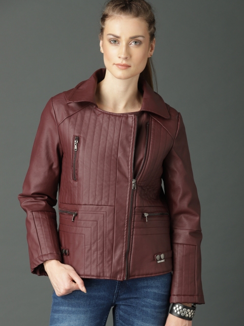 

Roadster Women Burgundy Solid Biker Jacket