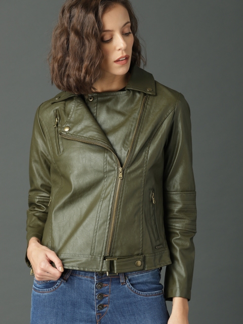 

Roadster Women Olive Green Solid Biker Jacket