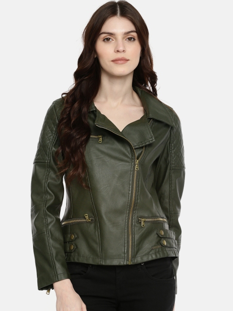 

Roadster Women Olive Green Solid Biker Jacket