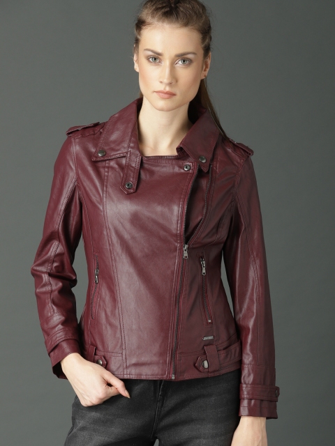 

Roadster Women Burgundy Solid Biker Jacket