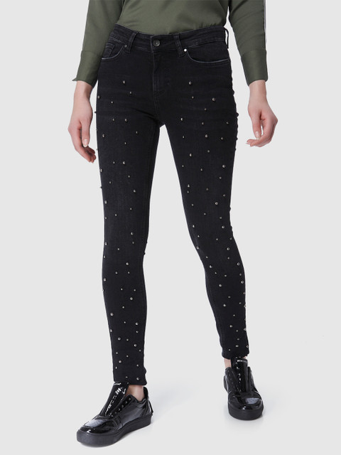 

Vero Moda Women Black Regular Fit Mid-Rise Clean Look Stretchable Embellished Jeans