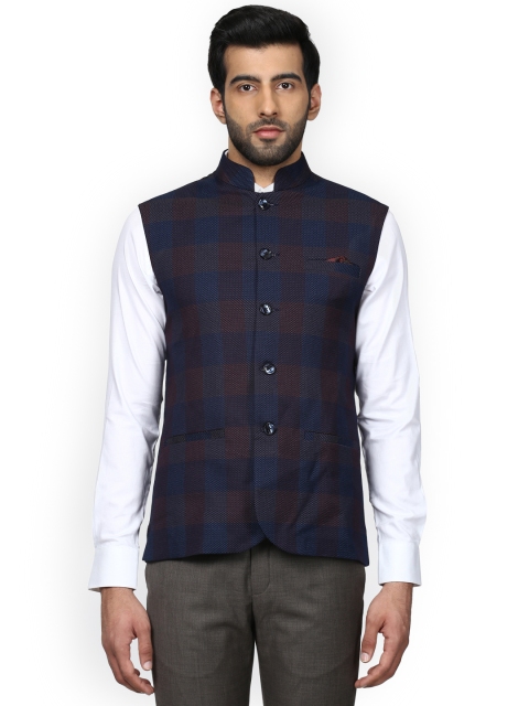 

Park Avenue Navy Blue & Brown Checked Nehru Jacket