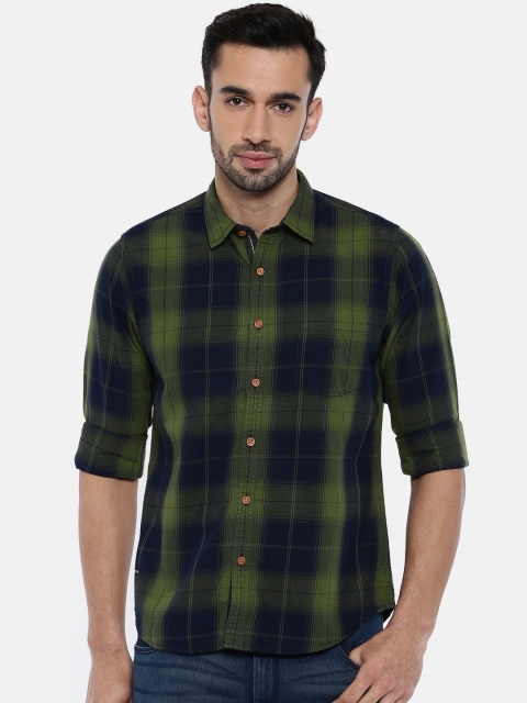 

Pepe Jeans Men Olive Green & Navy Blue Regular Fit Checked Casual Shirt
