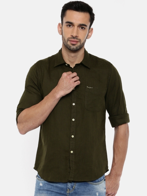 

Pepe Jeans Men Olive Green Solid Linen Shirt