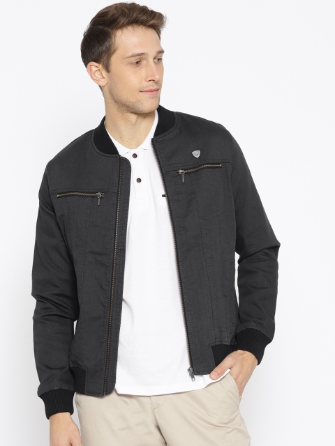 

Arrow Blue Jean Co. Men Charcoal Grey Solid Bomber Jacket