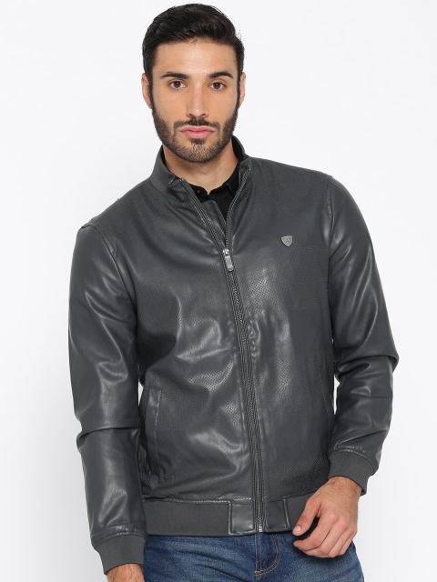 

Arrow Sport Men Charcoal Grey Solid Faux Leather Bomber Jacket