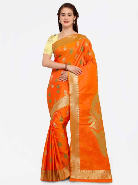 

Saree mall Orange & Gold-Toned Silk Blend Woven Design Kanjeevaram Saree