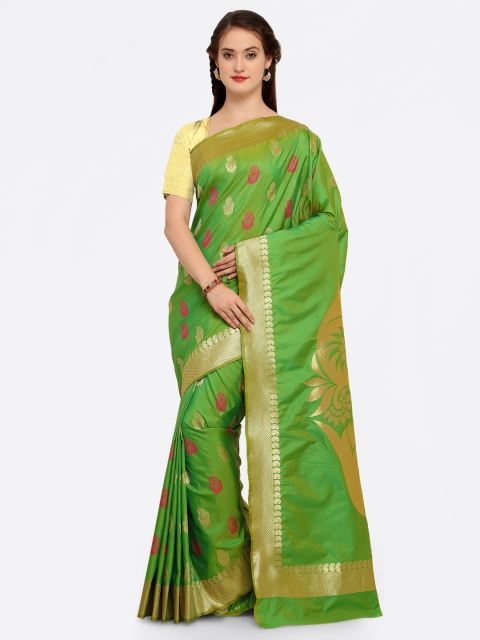 

Saree mall Green & Gold-Toned Silk Blend Woven Design Kanjeevaram Saree
