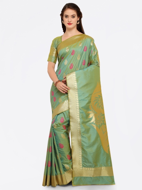 

Saree mall Green & Gold-Toned Silk Blend Woven Design Kanjeevaram Saree