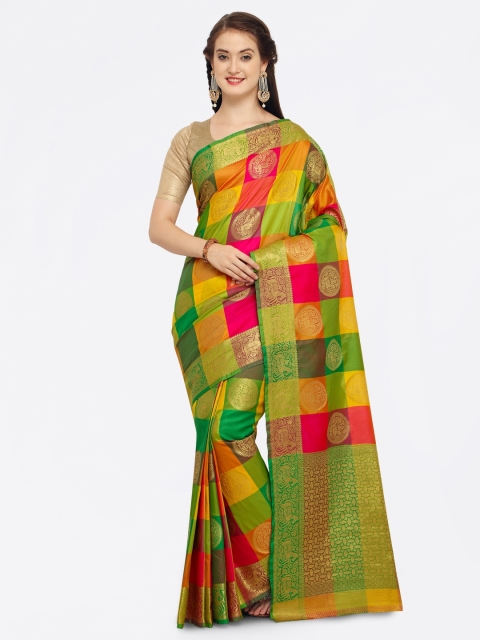 

Saree mall Green & Magenta Silk Blend Woven Design Kanjeevaram Saree