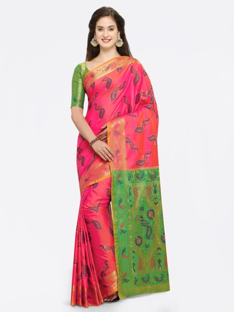 

Saree mall Pink & Green Silk Blend Woven Design Kanjeevaram Saree