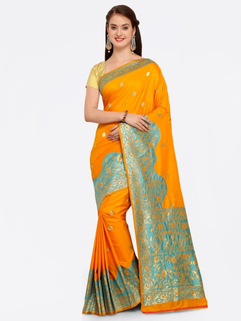 

Saree mall Orange & Blue Silk Blend Woven Design Kanjeevaram Saree