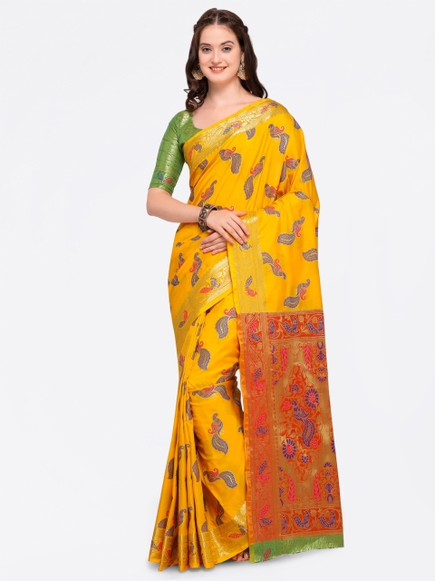 

Saree mall Yellow & Green Silk Blend Embroidered Kanjeevaram Saree
