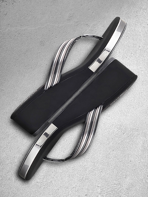 

Metro Women Black & Silver-Toned Striped Sandals