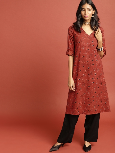 

Taavi Women Rust Red Block Print Legacy A-Line Knee Length Sustainable Dress
