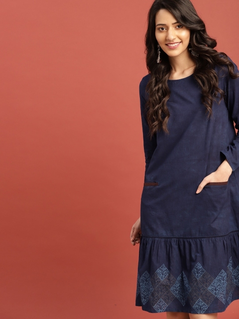 

Taavi Women Navy Blue Block Print Legacy A-Line Midi Sustainable Dress with Pockets & Gathers