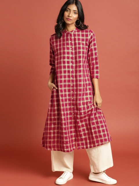 

Taavi Women Pink & Gold-Toned Woven Legacy Checked A-Line Handloom Sustainable Dress with Pockets