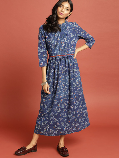 

Taavi Women Blue Indigo Block Print Legacy A-Line Midi Sustainable Dress with Pleats and Lace Inserts