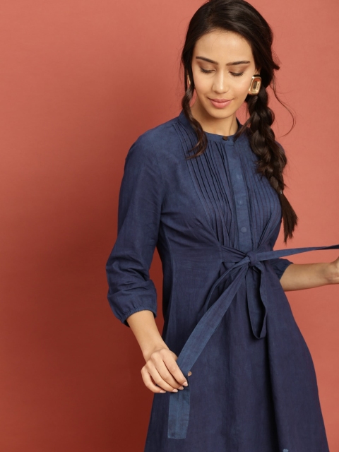 

Taavi Women Navy Blue Block Print Legacy Straight Kurta with Pleats and Tie-Up Detail