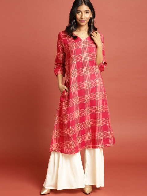 

Taavi Women Red & Orange Checked South Cotton Woven Legacy Handloom A-line Kurta