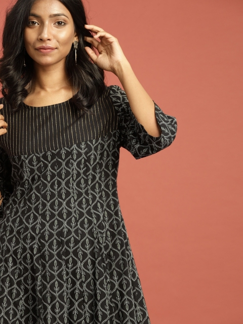 

Taavi Women Black & Green Block Print Legacy A-Line Sustainable Kurta with Zari Detail