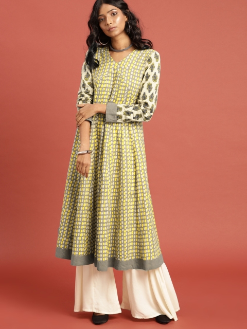 

Taavi Women Grey & Yellow Printed Block Print Legacy Kurta