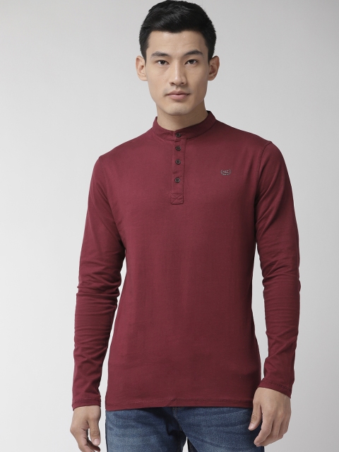

YWC Men Maroon Solid Mandarin Collar T-shirt