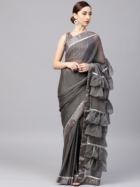

Inddus Grey Solid Ruffle Saree