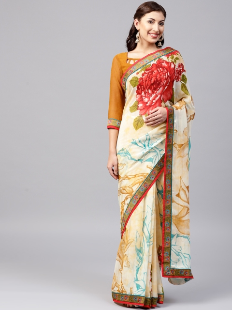 

Inddus Cream-Coloured & Red Printed Saree