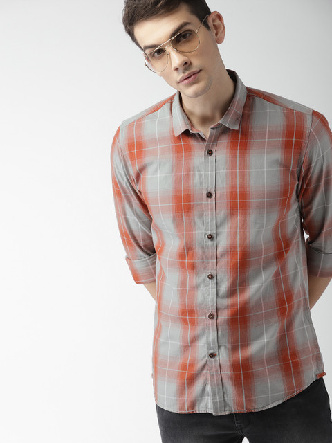 

Mast & Harbour Men Orange & Grey Regular Fit Checked Casual Shirt