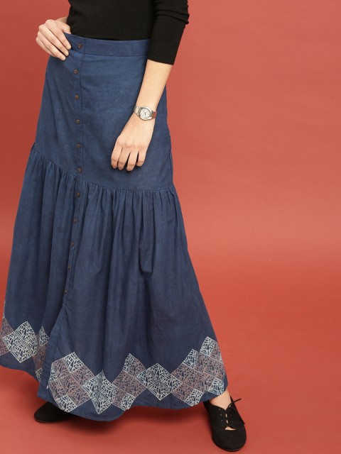 

Taavi Women Blue Indigo Legacy A-Line Sustainable Maxi Pure Cotton Skirt with Printed Borders and Gathers