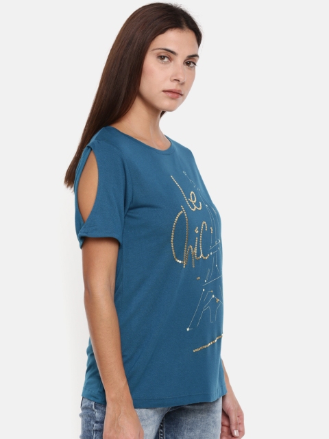 

ELLE Women Blue Self Design Round Neck T-shirt