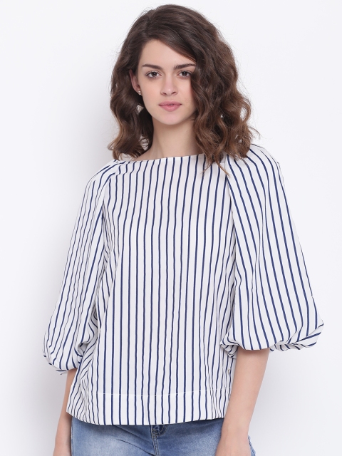 

ELLE Women White & Navy Striped Top